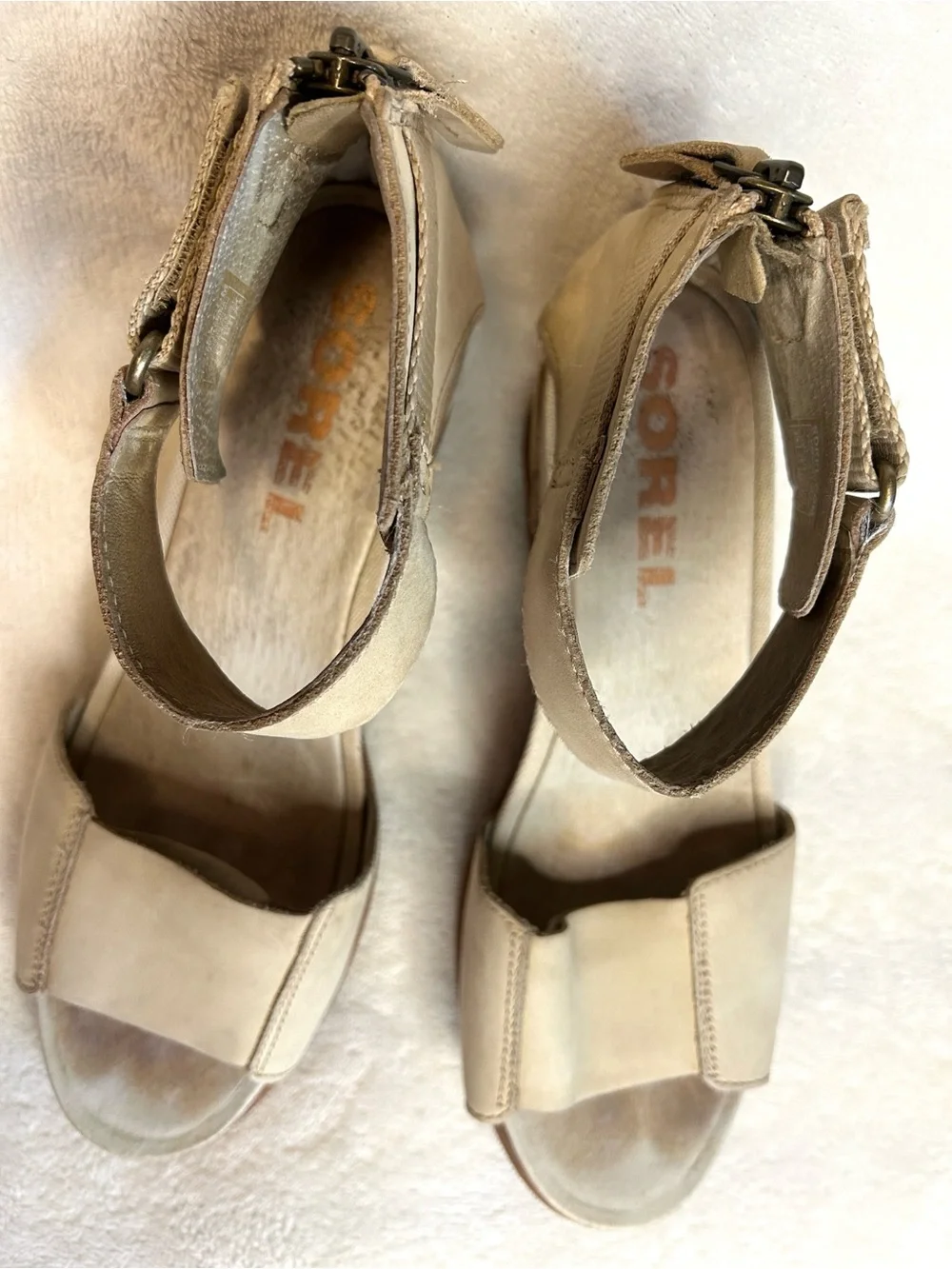 Sorel Joanie II Taupe Leather Wedge Platform Sandals Ankle Strap Women 8.5